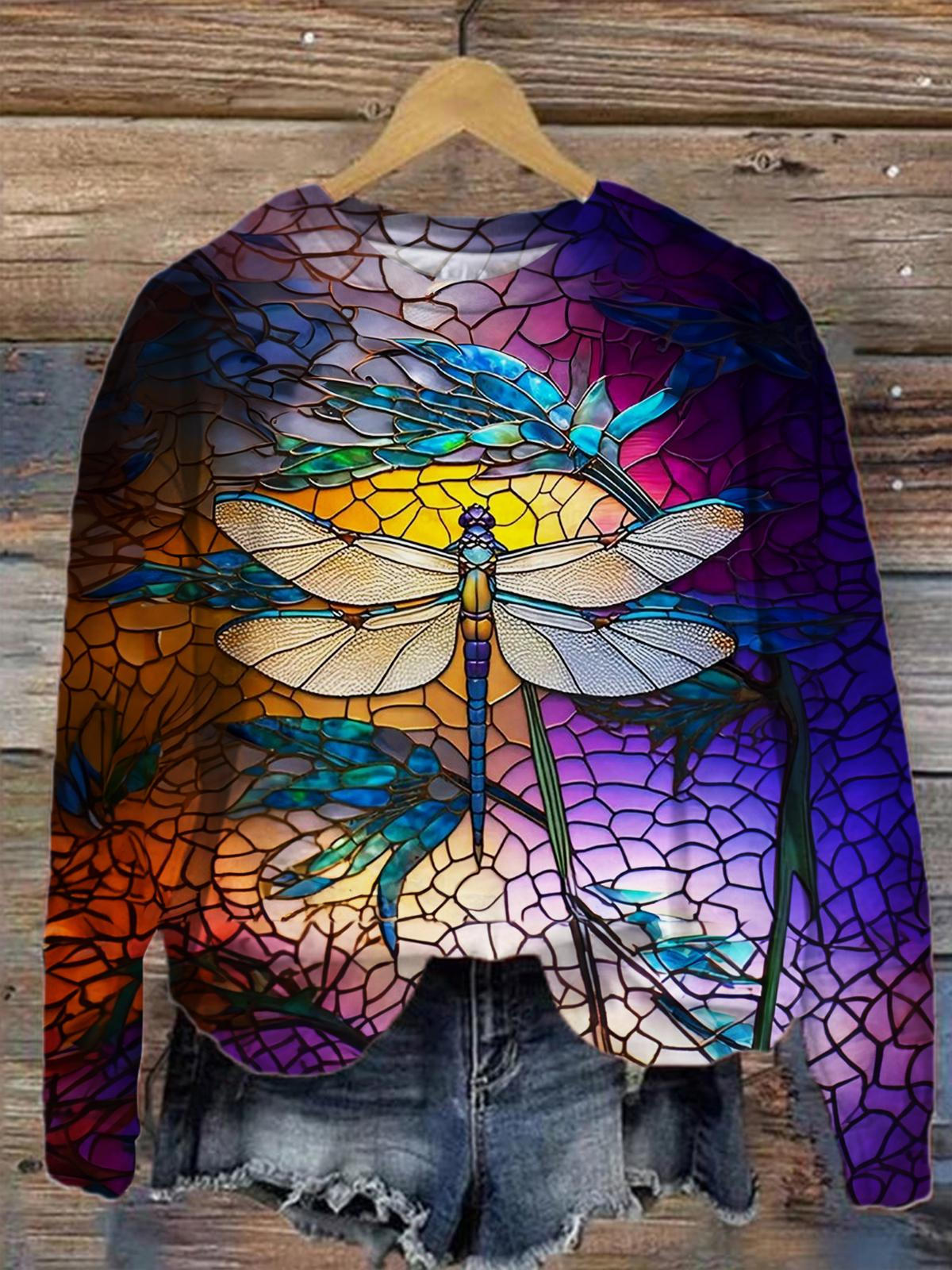 Dragonfly Print Crew Neck Long Sleeve Top