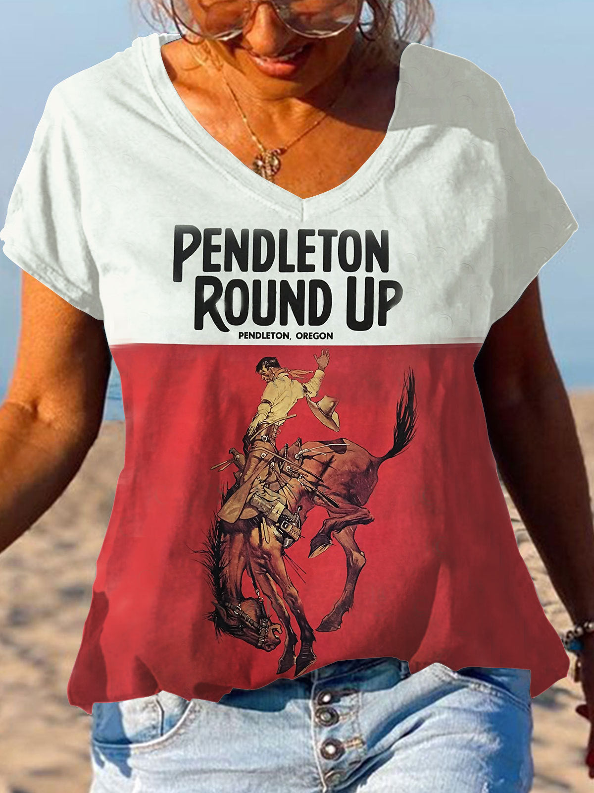 Western Cowboy Print V-Neck Top