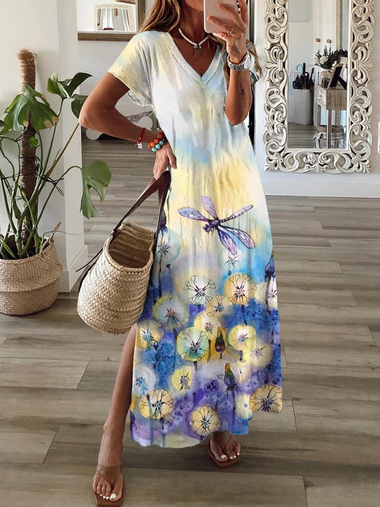 Floral Dragonfly Print Short Sleeve V Neck Maxi Dress