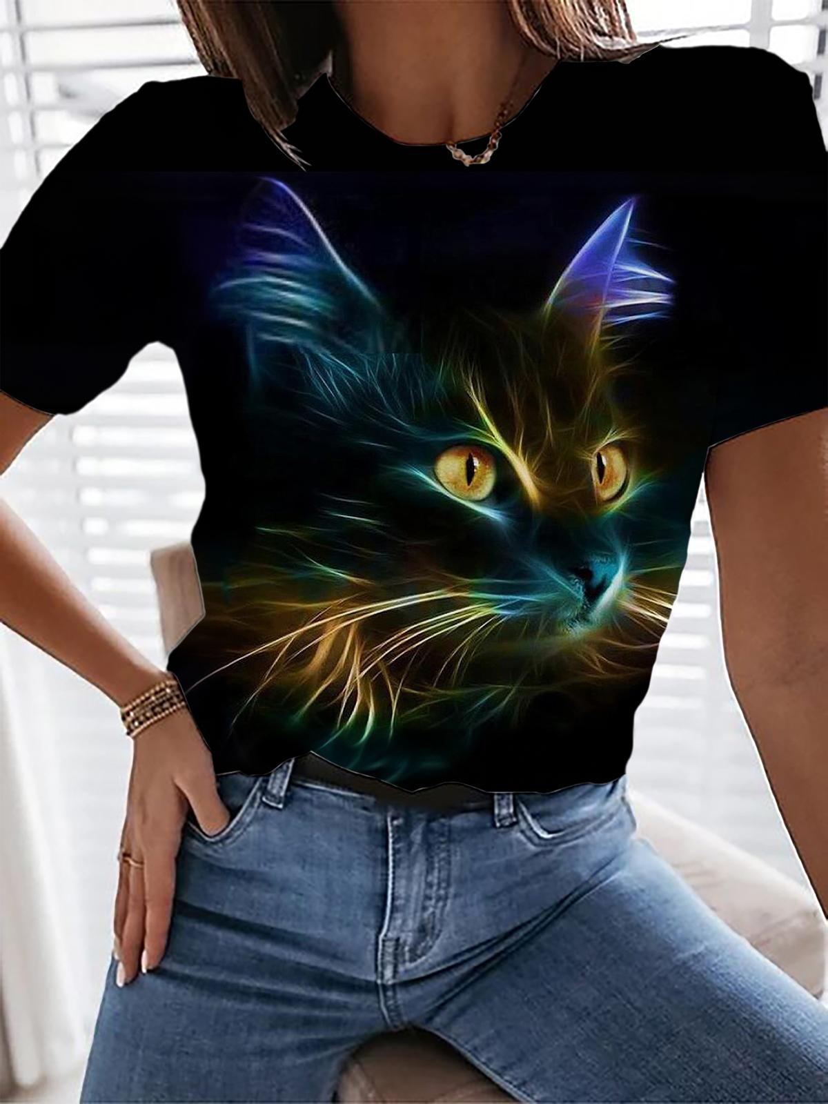 Abstract Black Cat Print Casual T-shirt