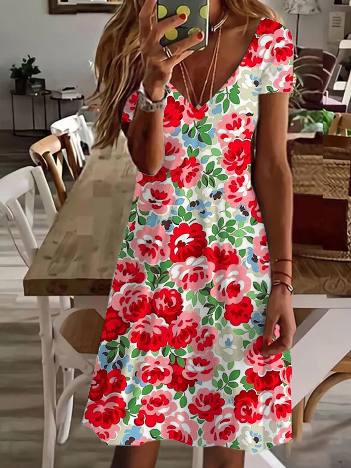 Spring Flowers Print V Neck Short Sleeve Dress