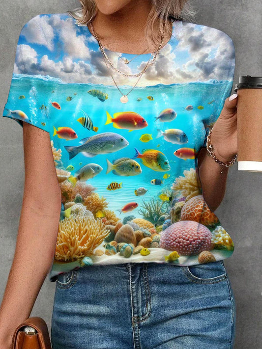 Colorful Fish Print Crew Neck T-shirt