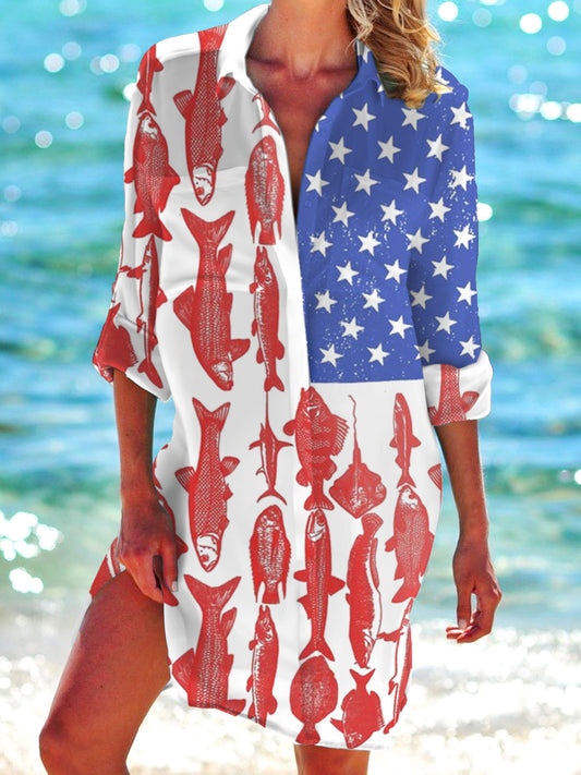 American Flag Fishing Print Long Sleeve Beach Shirt Dress