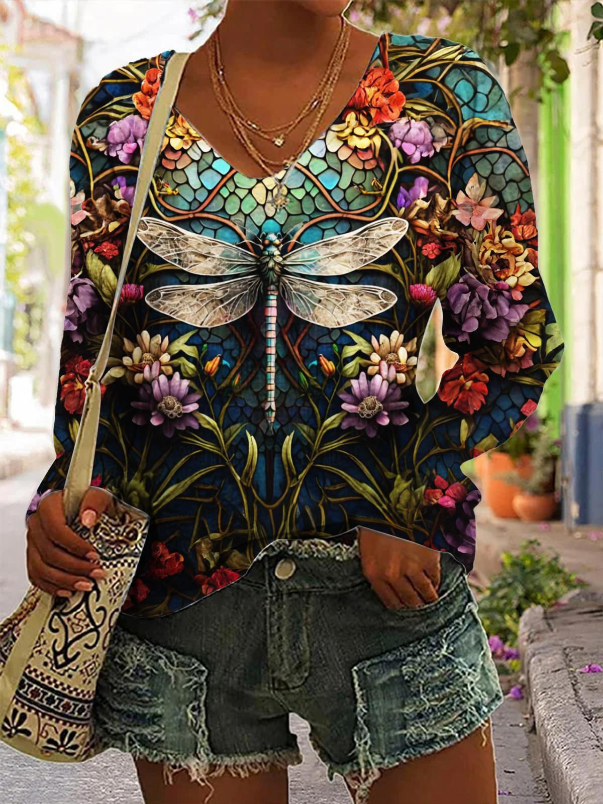 Women's Floral Dragonfly Print V-Neck Top