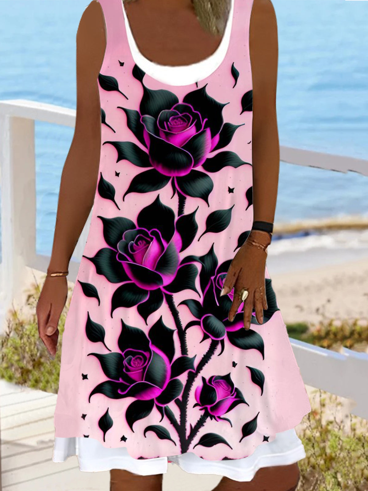 Floral Print Ladies False Two Dress