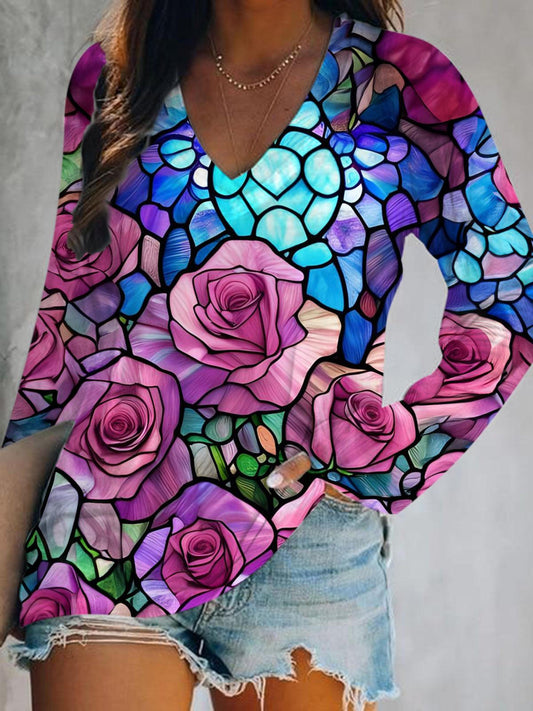 Stained Glass Roses Print V-Neck Long Sleeve Top
