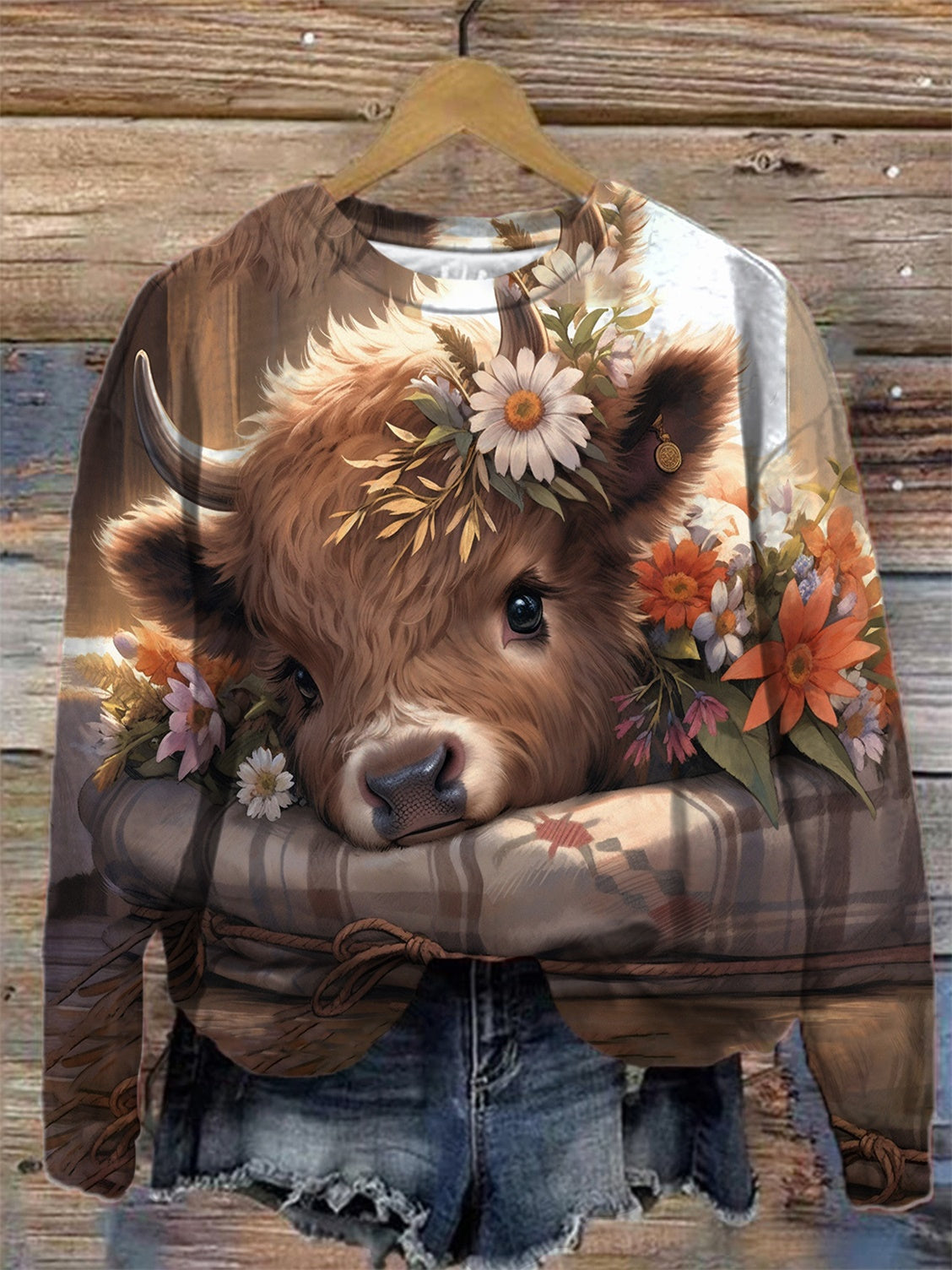 Cute Baby Highland Cow Print Long Sleeve Top