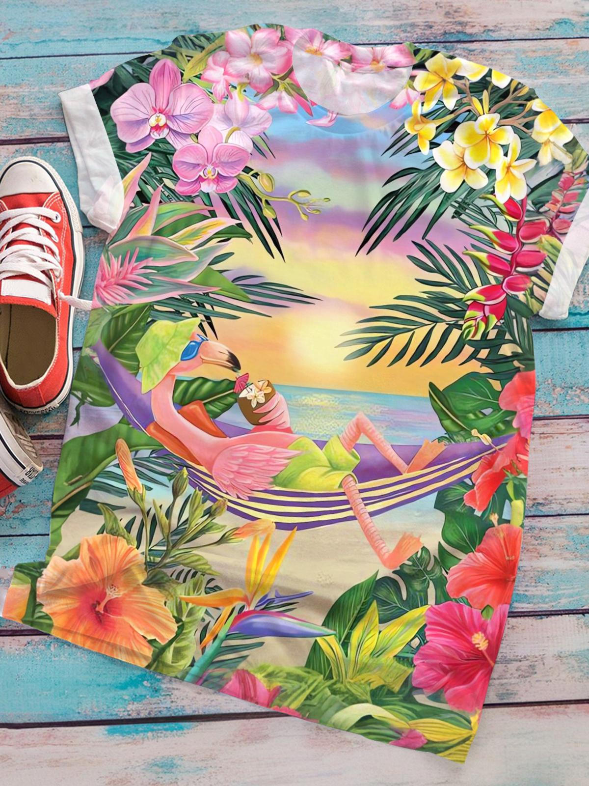 Five O'clock Flamingo Summer Print Crew Neck T-shirt