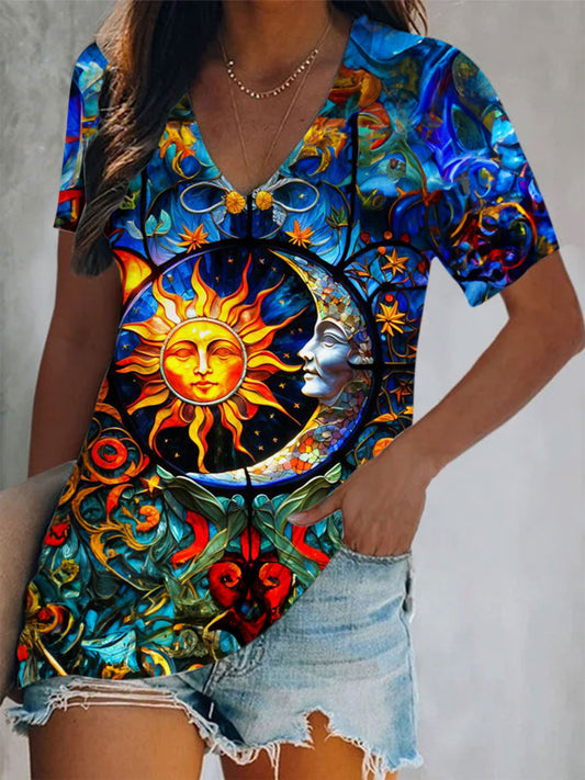 Sun Moon Print Short Sleeve V Neck Top