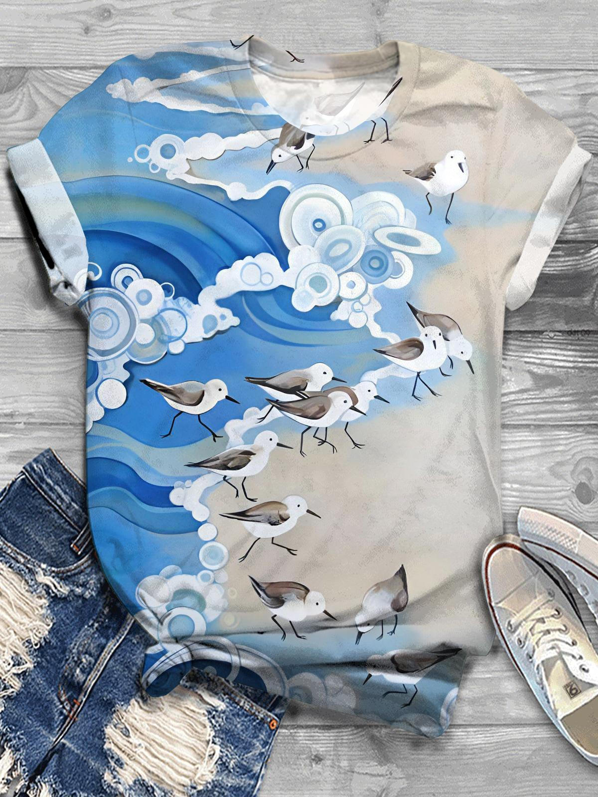 Waves And Birds Prints Crew Neck T-shirt