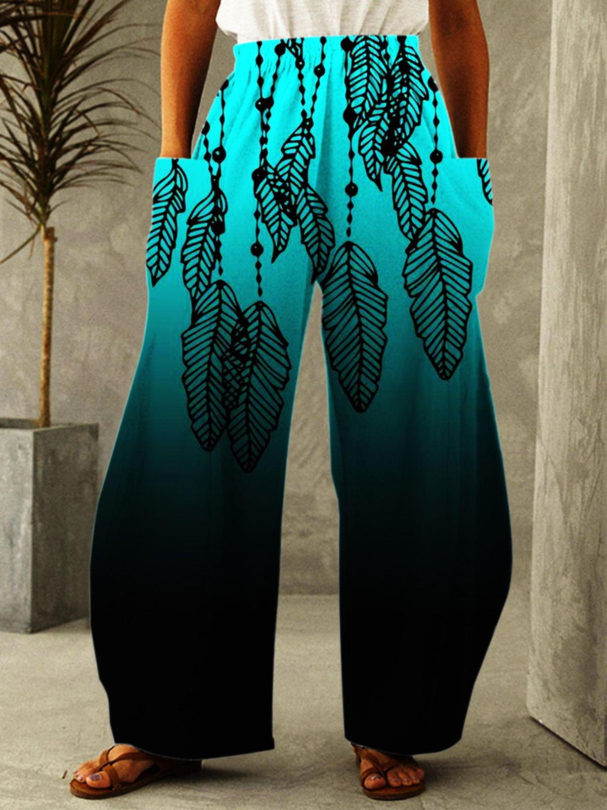 Ethnic Feather Gradient Print Casual Pants