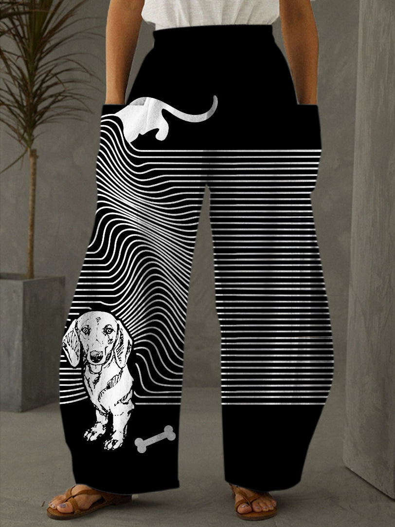 Abstract Line Dog Print Casual Pants