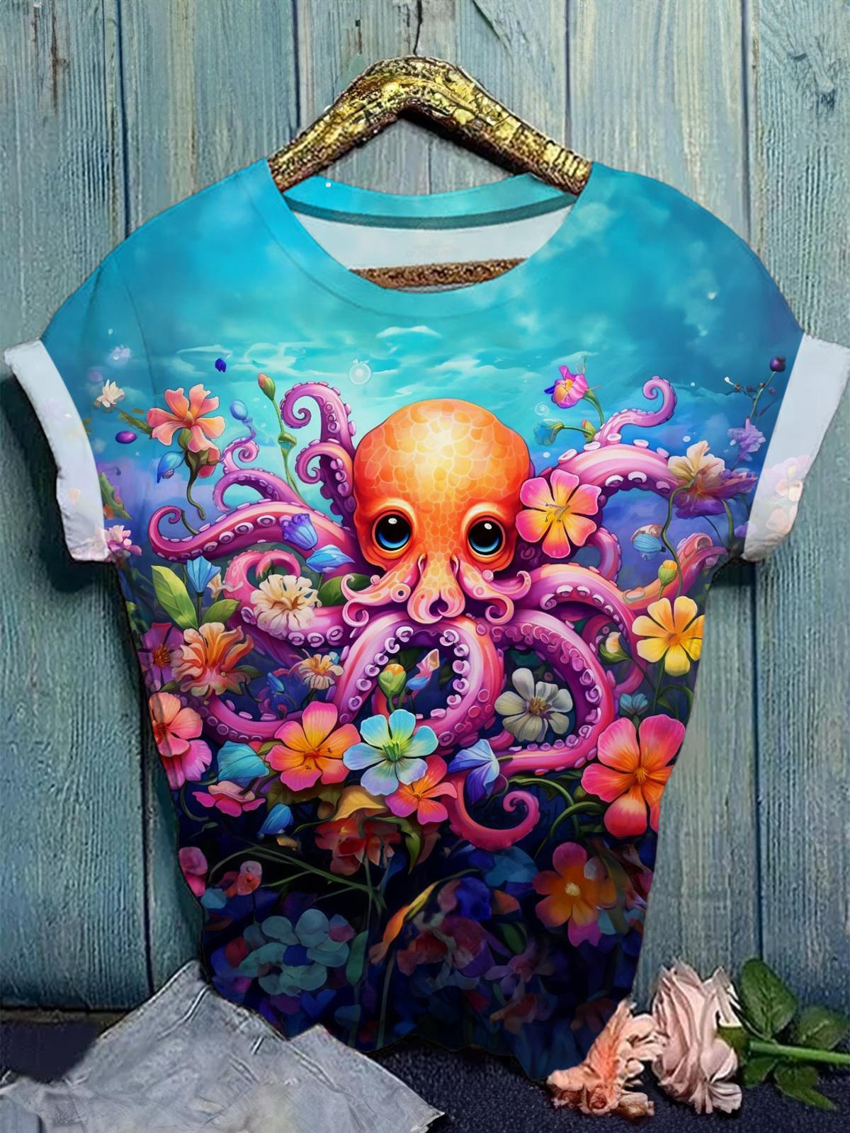 Cute Flower Octopus Crew Neck T-shirt