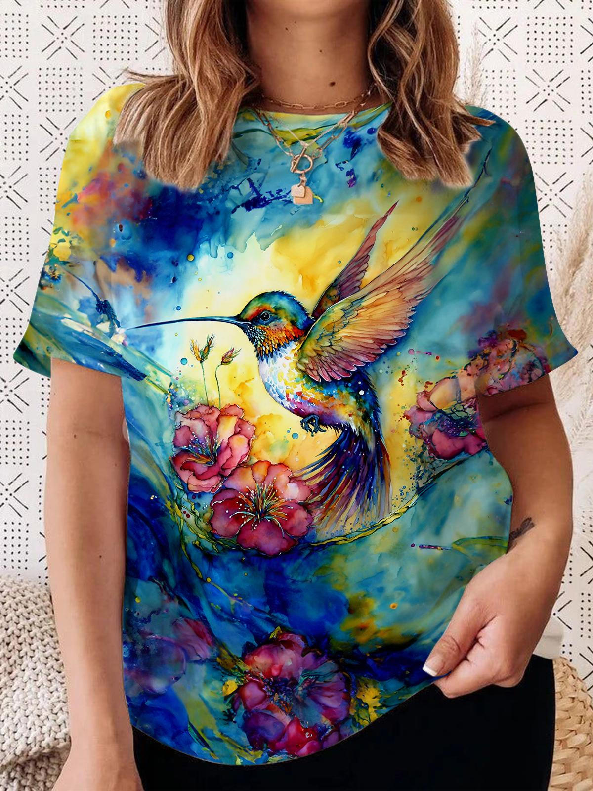 Watercolor Hummingbird Crew Neck T-shirt