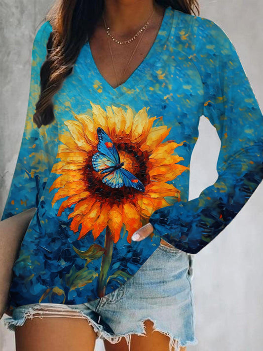 Sunflower And Butterfly Print V-Neck Long Sleeve Top