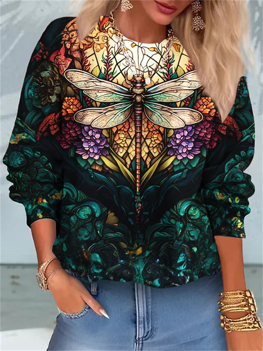 Dragonfly Print Round Neck Long Sleeve Top