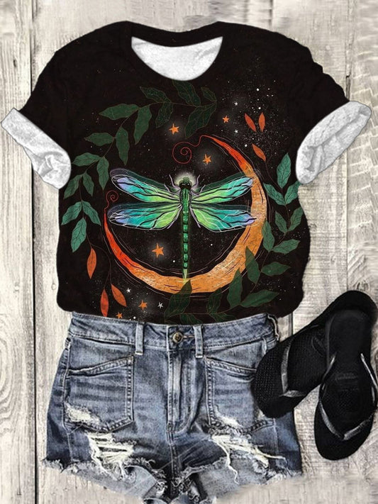 Dragonfly Moon Print Crew Neck Tee