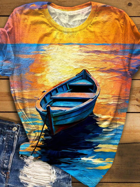 Boat Art Print Crew Neck T-shirt