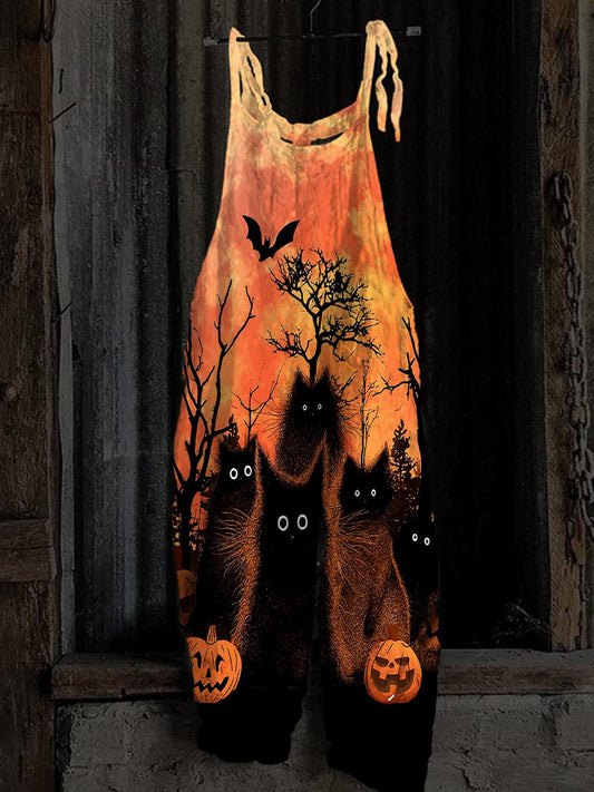 Women's Halloween Black Cat Print Jumpsuit