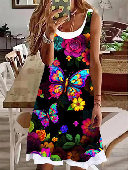 Rainbow Flower Butterflies Print Ladies False Two Dress