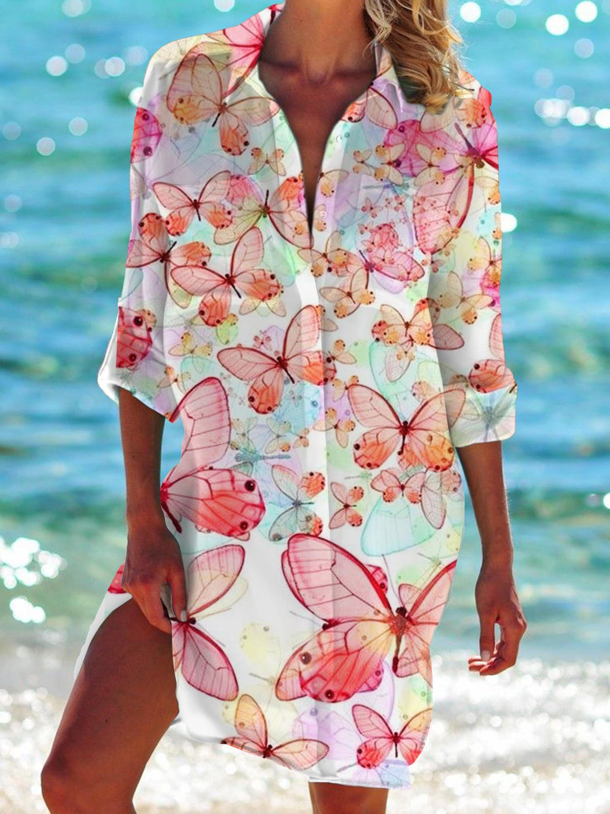 Butterfly Long Sleeve Beach Shirt Dress