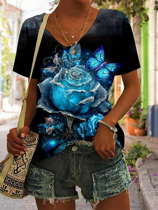 Blue Rose Butterfly V-Neck T-Shirt