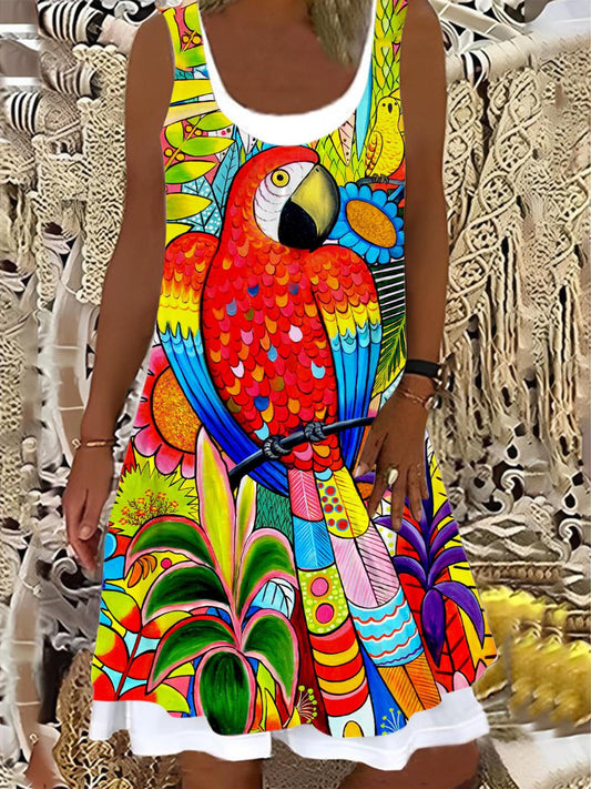 Ladies Parrot Print False Two Dress