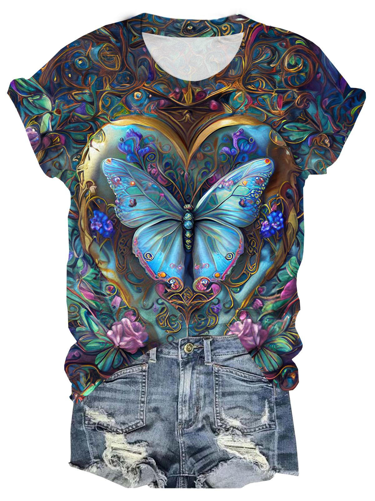 Butterfly Floral Wreath Crew Neck T-shirt