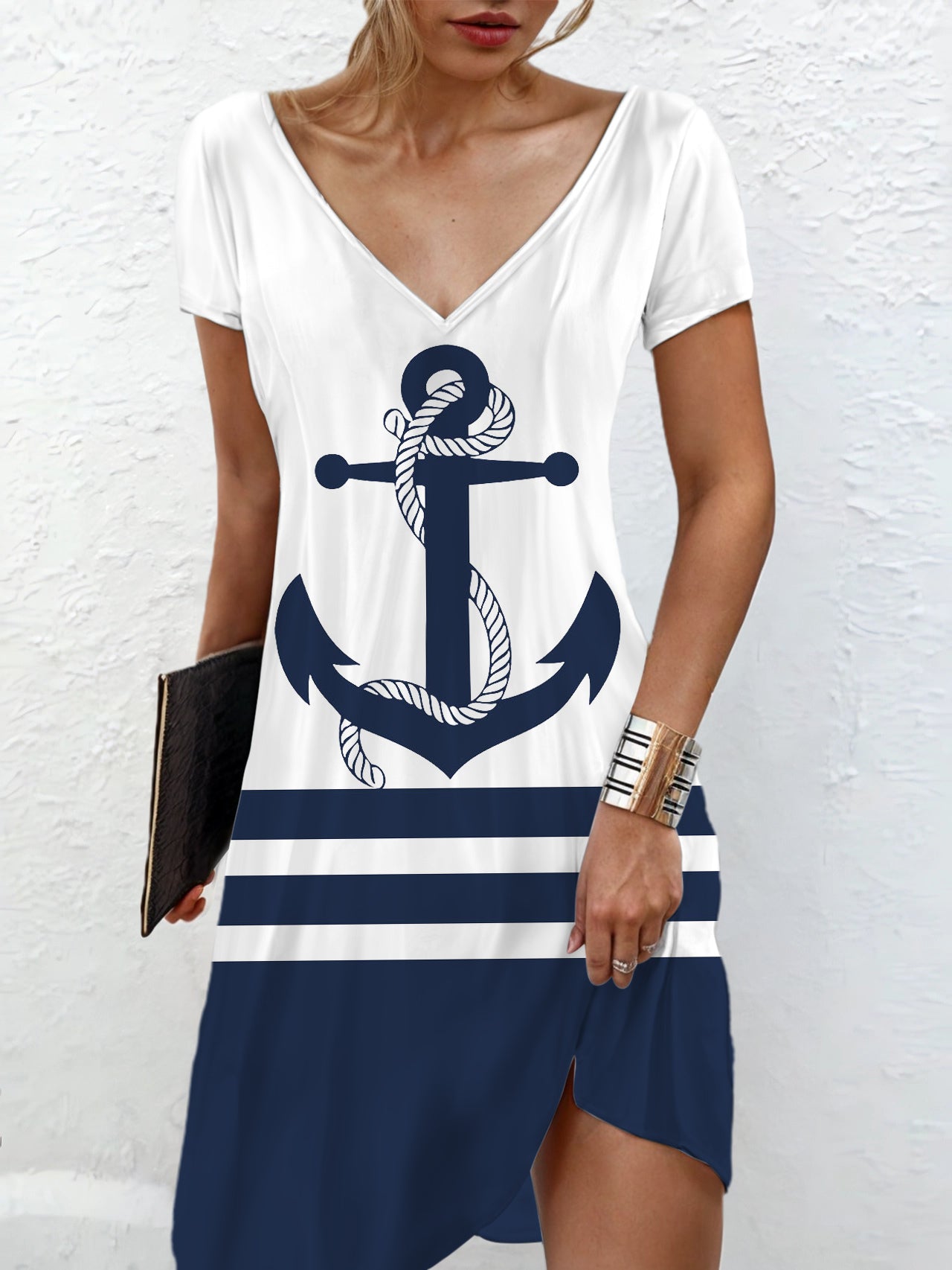 Nautical Anchor V Neck Short Sleeve Dress