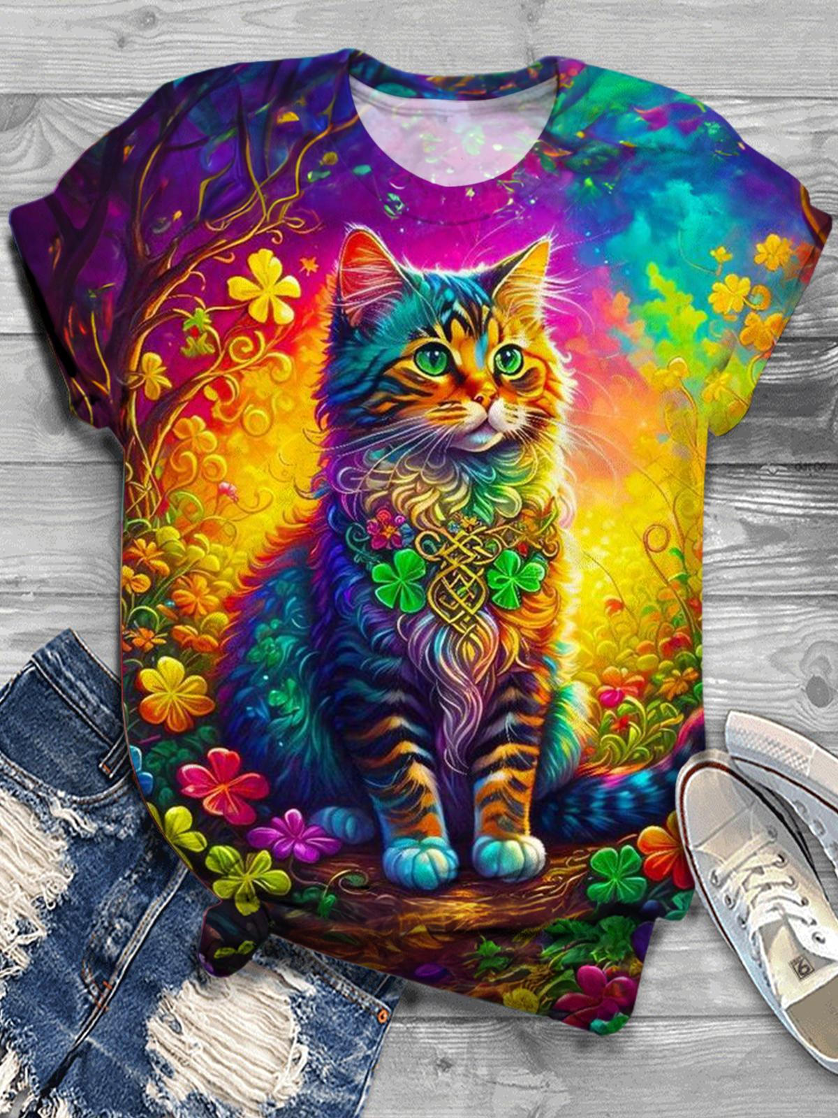 Colorful Cat Print Casual Top