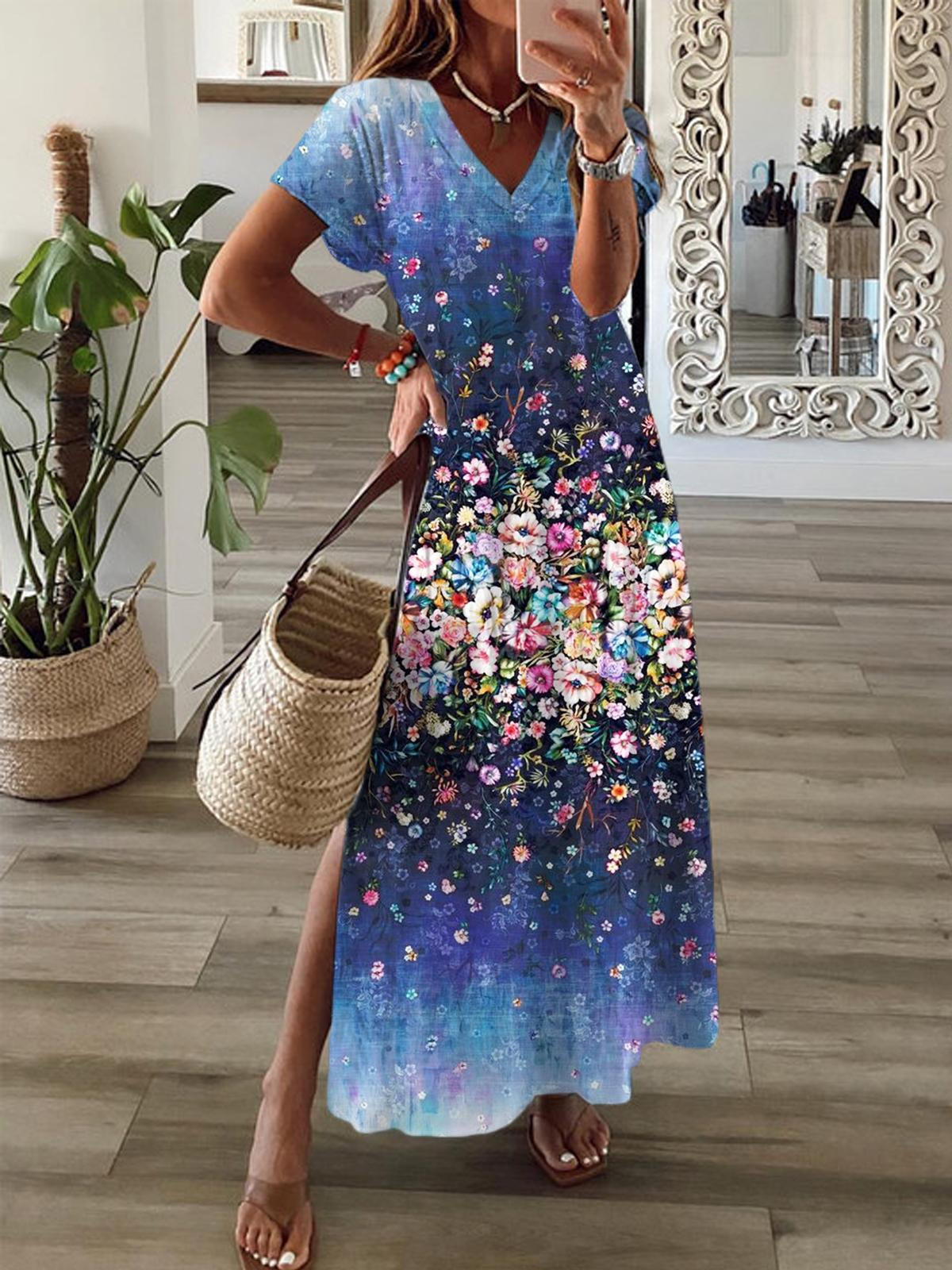 Gradient Flower Short Sleeve V Neck Maxi Dress