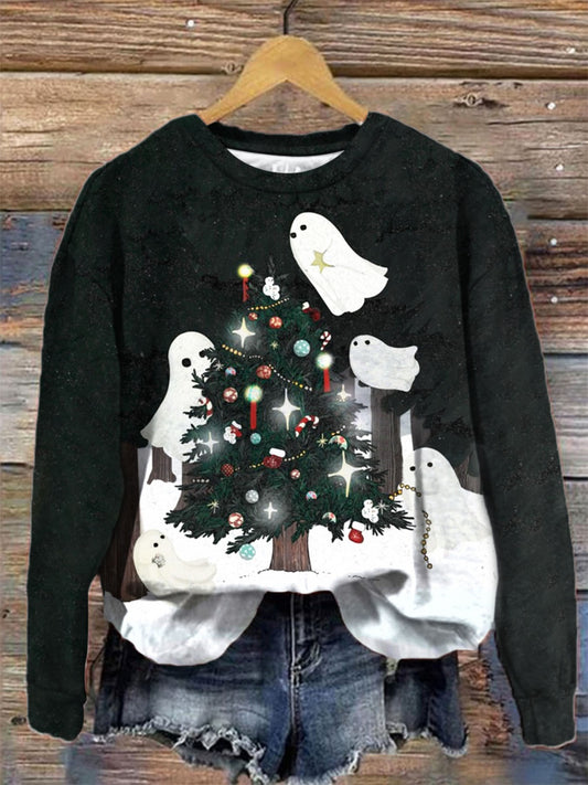 Women's Ghost Christmas Tree Crew Neck Long Sleeve Top