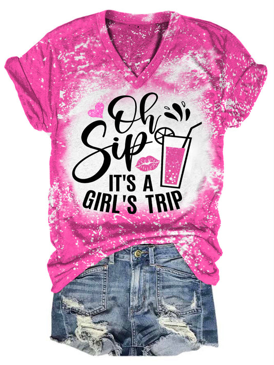 Oh Sip It's A Girl's Trip Drink Print V-Neck T-Shirt