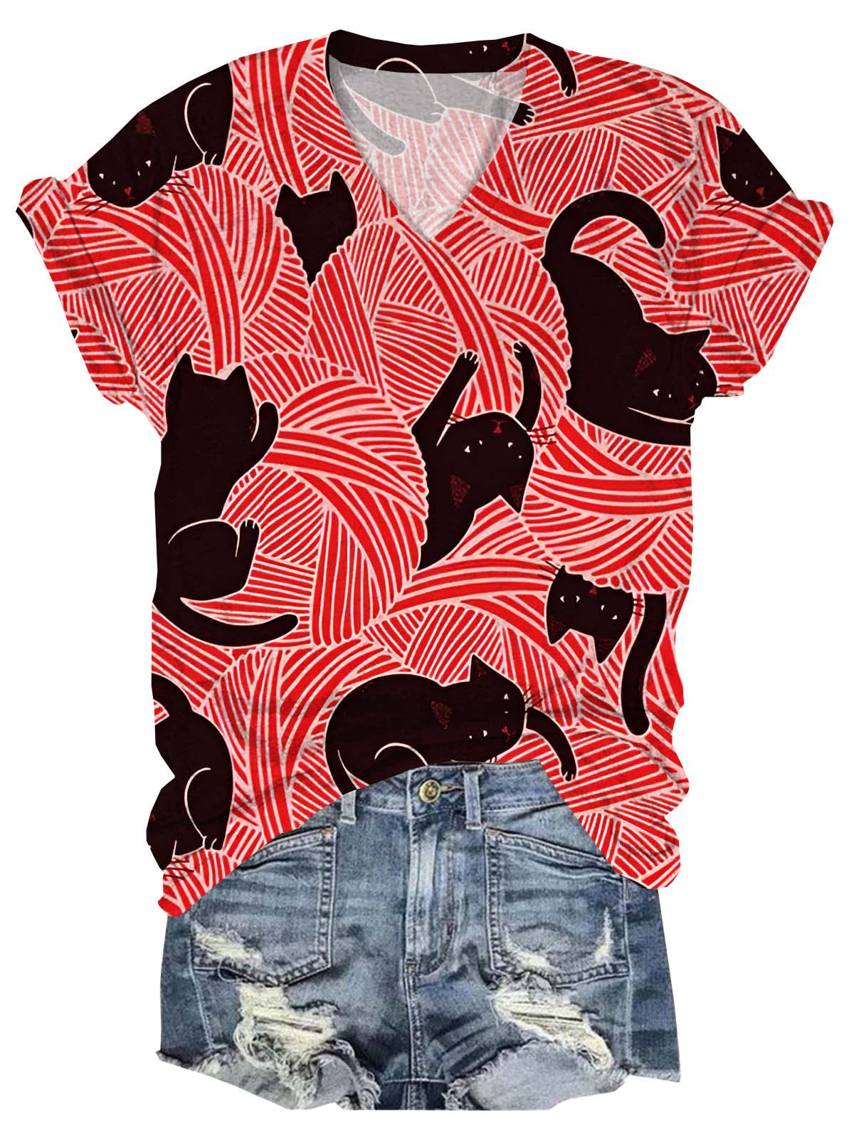 Abstract Ball Of Yarn Cat V-Neck Short Sleeve T-Shirt