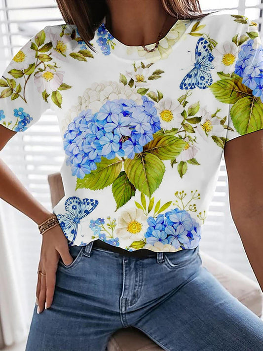 Hydrangea Butterfly Print Casual T-shirt