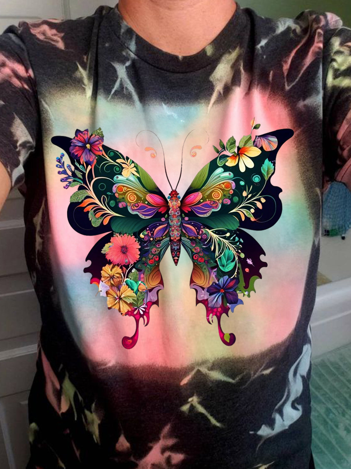 Women's Butterfly Print Tie Dye Top