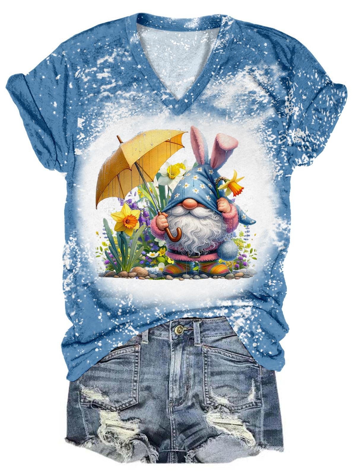 Easter Umbrella Gnome V-Neck Tie Dye T-Shirt