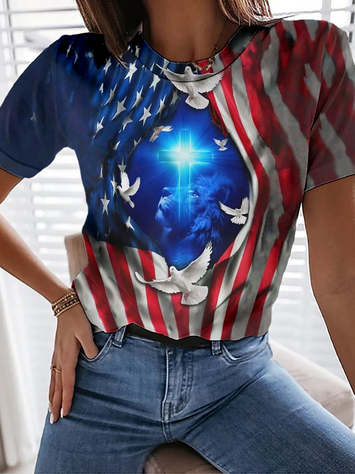 USA Flag Dove Cross Crew Neck T-shirt