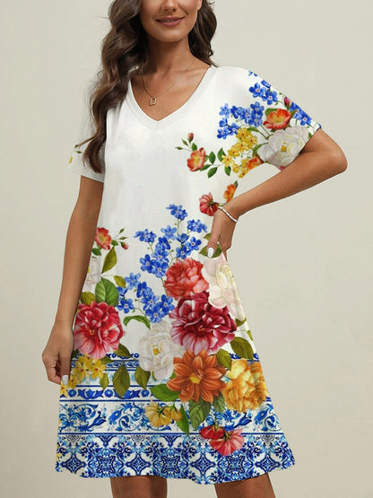 Vintage Pattern Flower V Neck Short Sleeve Dress