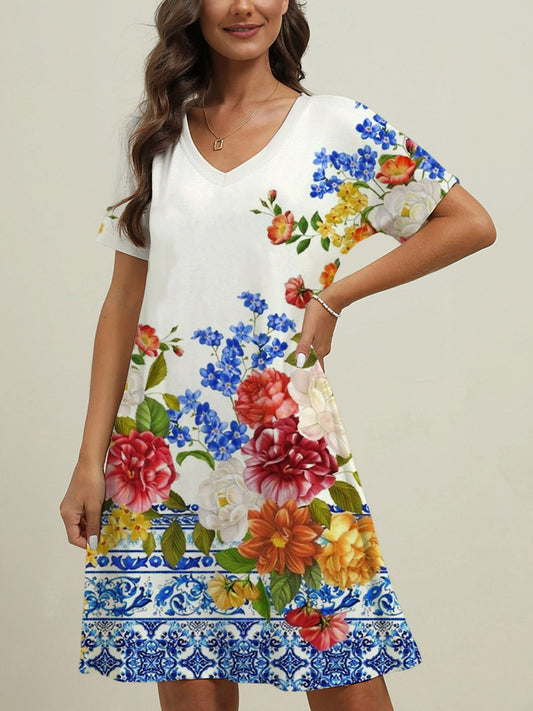 Vintage Pattern Flower V Neck Short Sleeve Dress