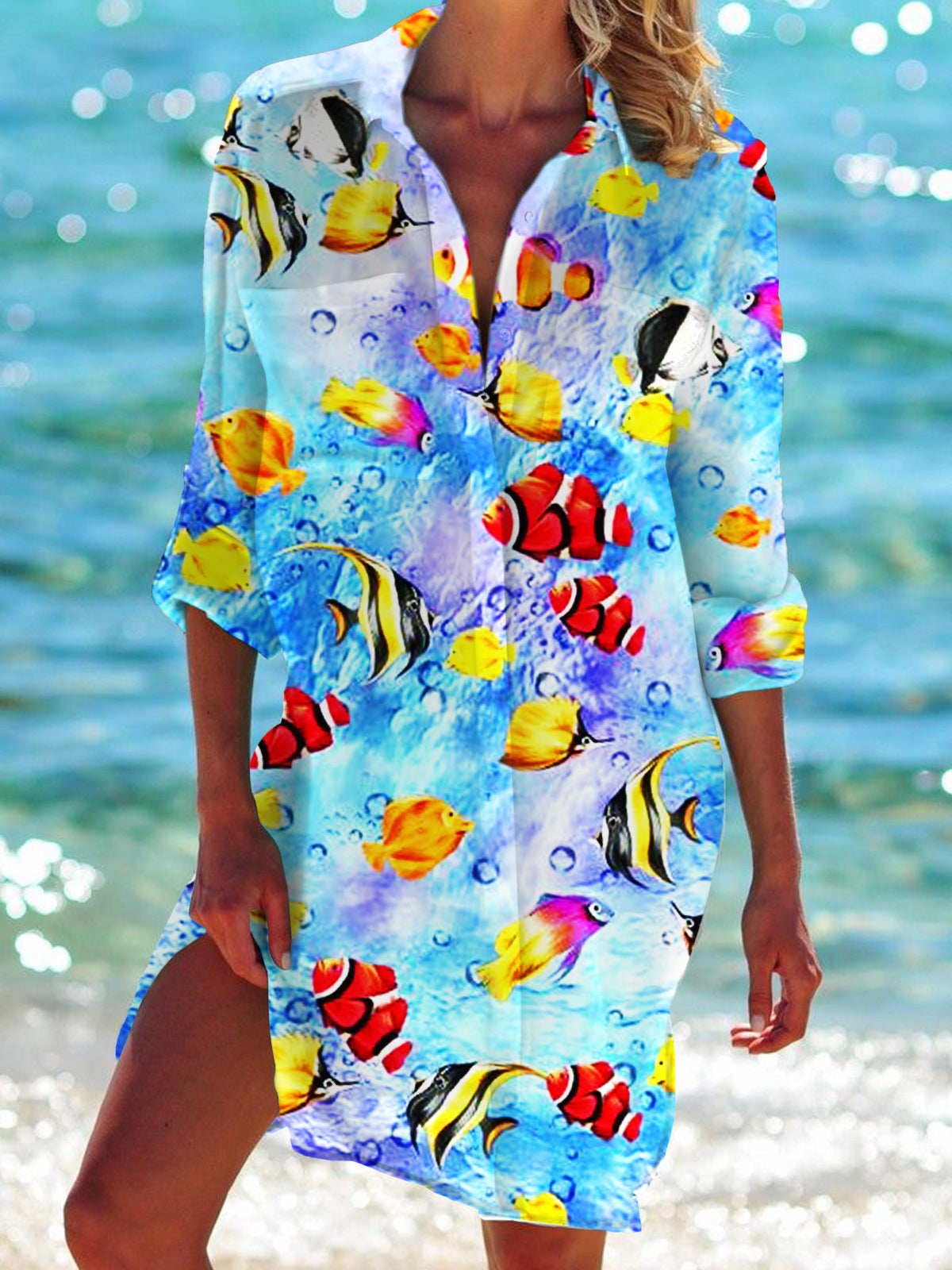 Tropical Fish Long Sleeve Beach Shirt Dress