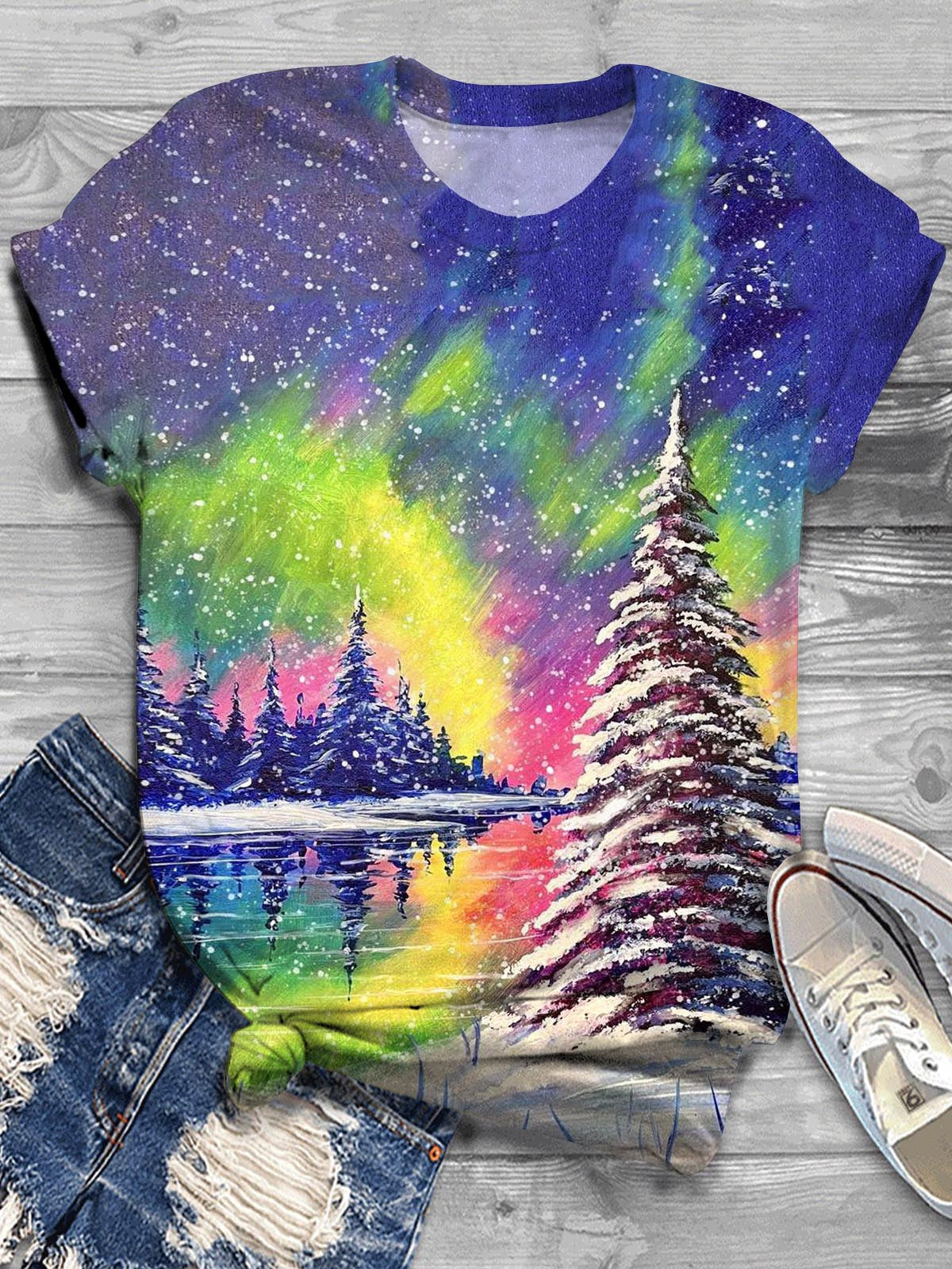 Magical Northern Lights Print Crew Neck T-shirt