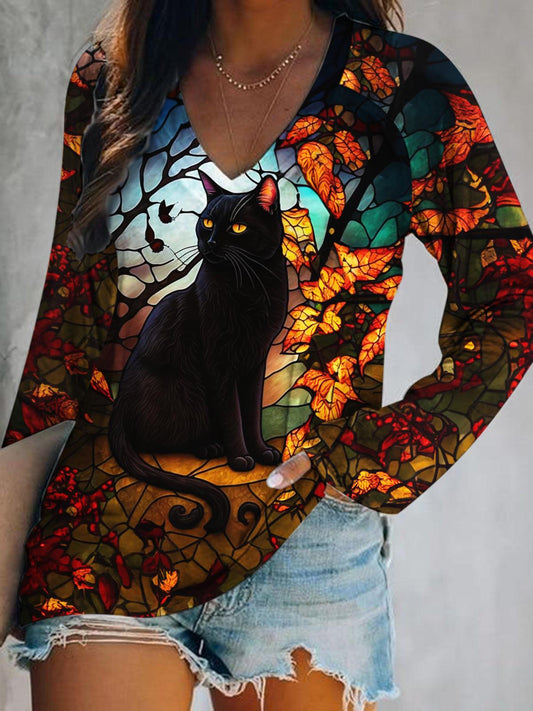 Women's Black Cat Print Long Sleeve V-Neck Top