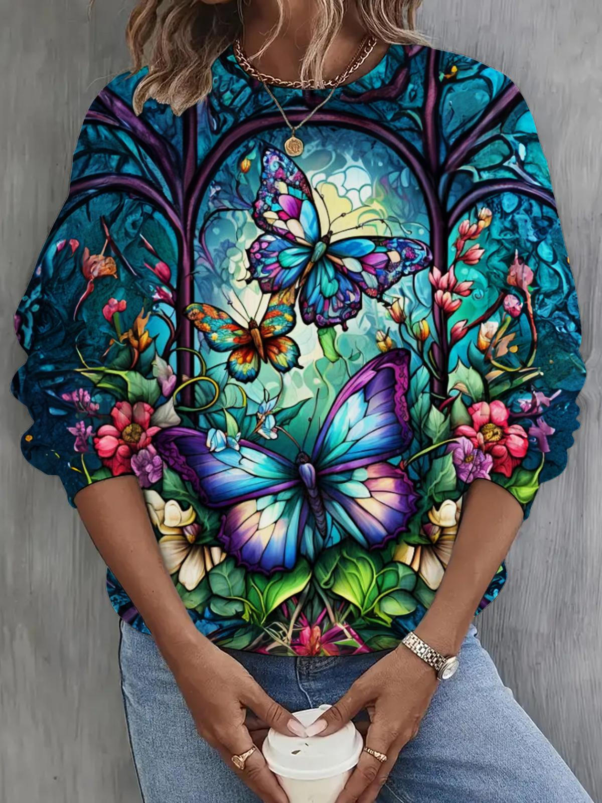 Women's Butterfly Print Long Sleeve Top