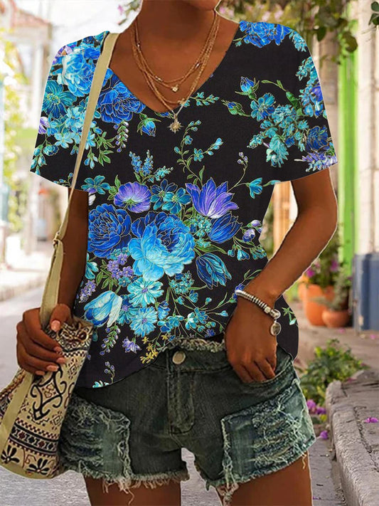 Blue Flowers Printed V-Neck T-Shirt