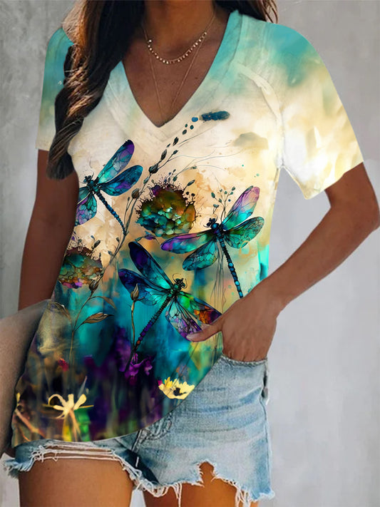 Watercolor Dragonflies Flower Short Sleeve V Neck Print Top