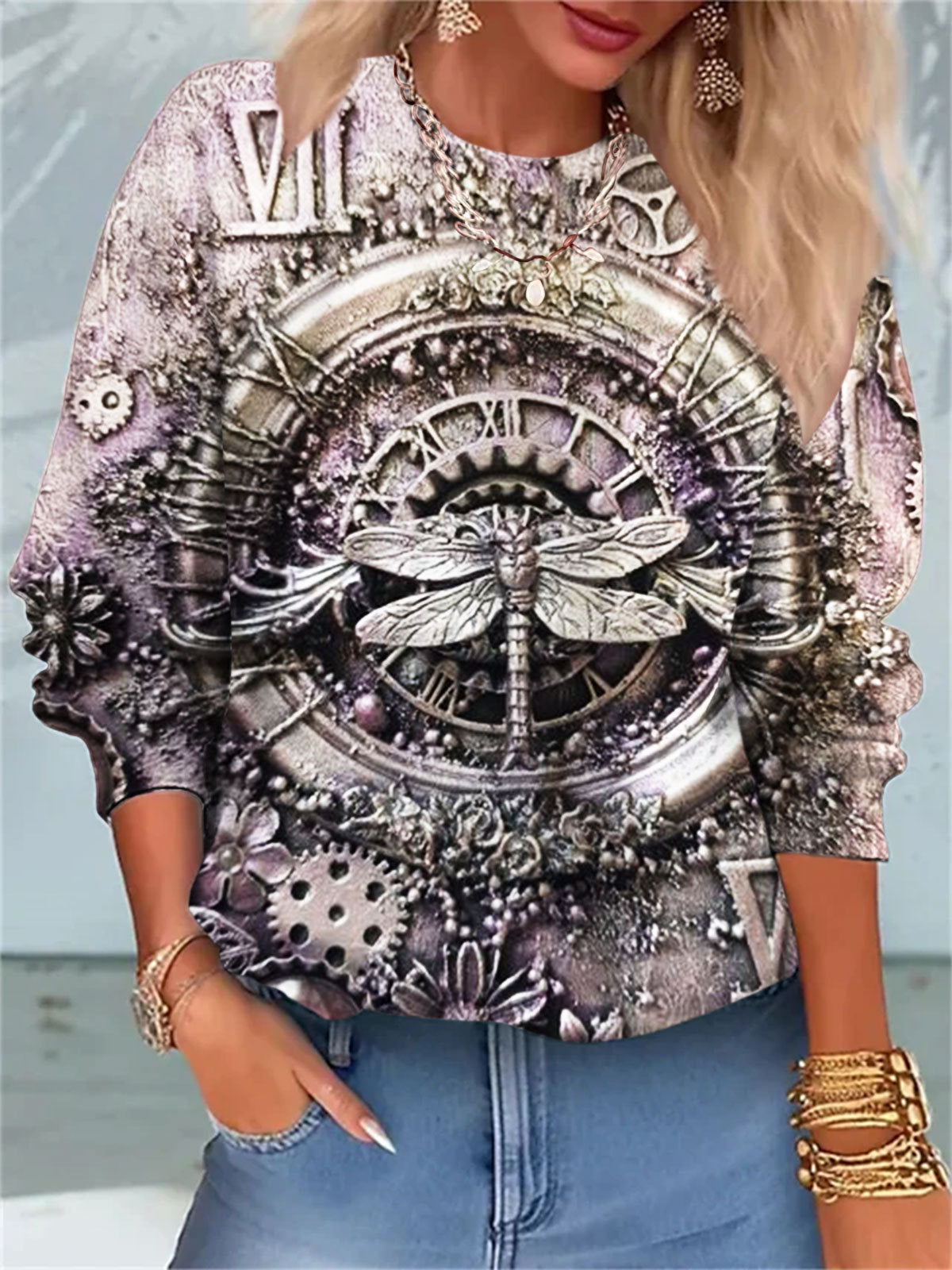 Mechanical Dragonfly Print Casual Top