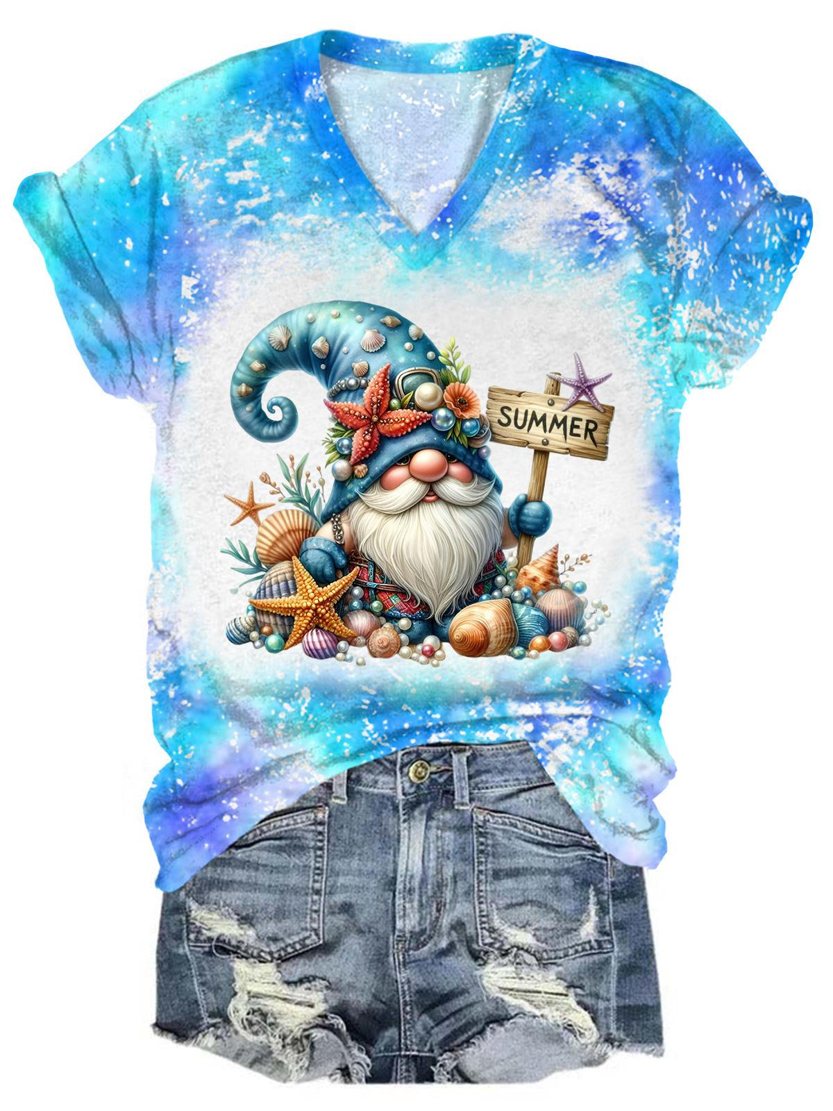 Summer Sea Gnome V-Neck Tie Dye T-Shirt