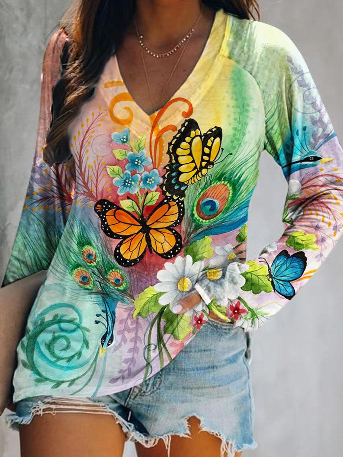 V Neck Floral Butterfly Print Casual Top