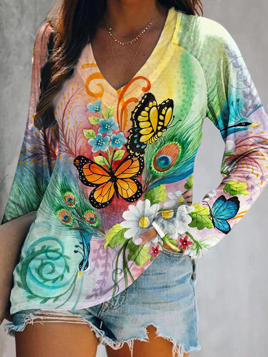 V Neck Floral Butterfly Print Casual Top